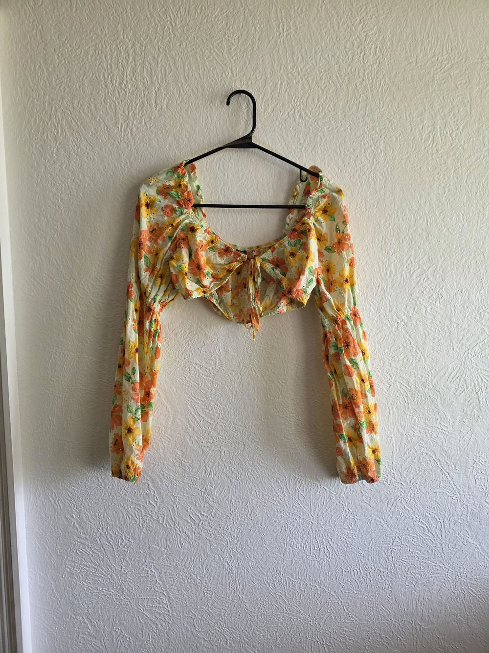 Wild Fable Yellow Floral Long-Sleeve Tie-Front Crop Top